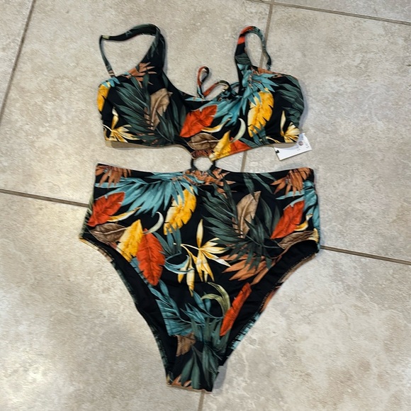 NWT! Shade & Shore Tropical O-Ring Cut Out One Piece Swimsuit XL Bathing suit - Picture 1 of 6